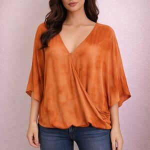 DEMOCRACY Orange Tie Dye Surplice Crossover Poncho Blouson Festival Blouse